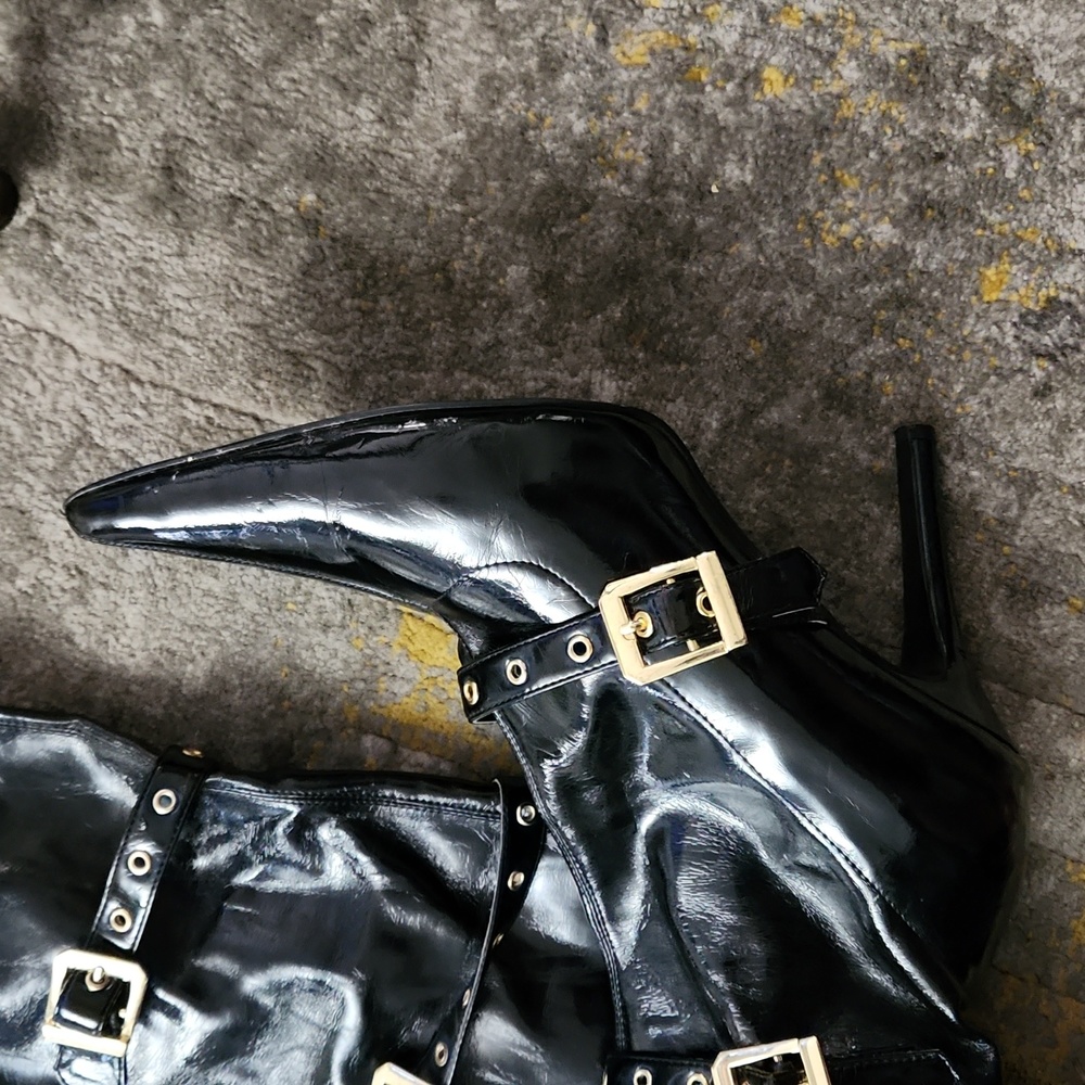 Colin Stuart Black Patent Leather High Heel Gold Belted Strap Boots